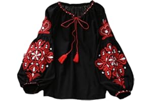 kowaku Women's Mexican Embroidered Tops, Floral Ethnic Shirt Blouse, for Party Travel, Black