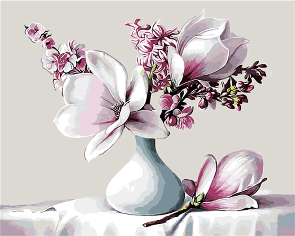 YEESAM ART Paint by Numbers for Adults Beginners Magnolia Flowers White Porcelain Bottle 16x20 inch Linen Canvas Acrylic DIY Number Painting Kits Wall Art Decor Gifts