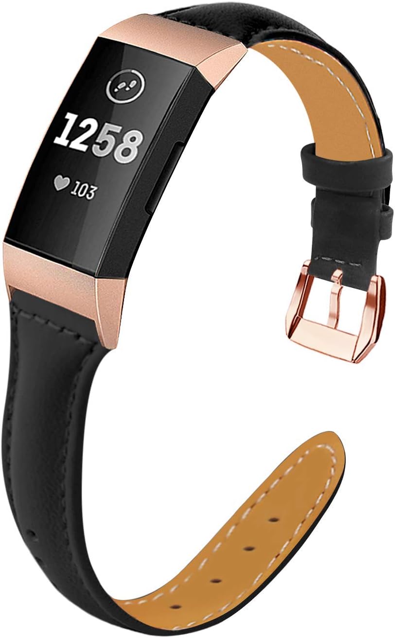 Mornex Strap Compatible Fitbit Charge 3, Genuine Leather Replacement Fitness Accessories Stainless Metal Clasp Smartwatch Wristband Women Men, Floral, Shiny, Classic