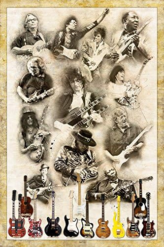 Guitar Legends "Style 2" (Jimmy Page, Prince, Slash, Clapton, Ry Cooder, Eddie Van Halen, Jimmy Hendrix, Robert Johnson, featuring the players and their guitars.) Retro Poster 12" x 18" (Unframed)