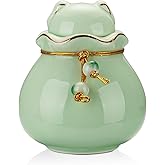 SOITIS Pet Memorial Urn for Cat or Dog Ashes - 3.54"x3.15" Elegant Ceramic Keepsake Holder with Pet-Shaped Lid & Gold Trim, Small Cyan Urn for Pet Ashes