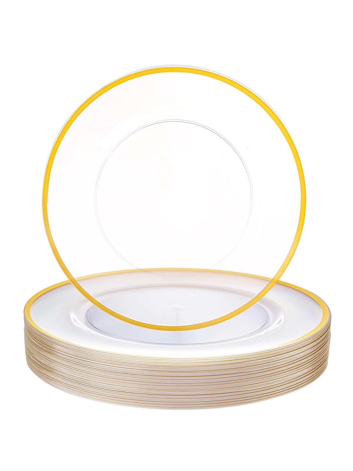 Photo 1 of WDF 25Pack Gold Charger Plates - 12inch Clear Chargers with Gold Trim - Clear Plates Disposable for Dinner Thanksgiving Party/Wedding/Birthday