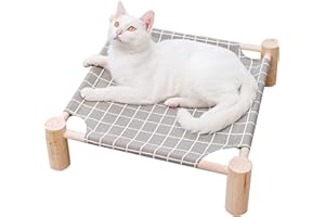 Pozico Elevated Cat Bed for Small Dogs & Cats – Raised Pet Hammock Bed, Wooden Frame Indoor Outdoor Dog Cot, Breathable Mesh Puppy Bed, Portable Cat Lounger – Grey Grid