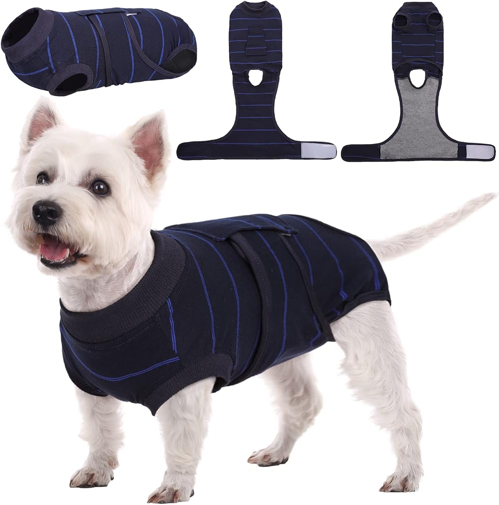 Kuoser Dog Recovery Suit Shirt After-Surgery Blue Stripe XS