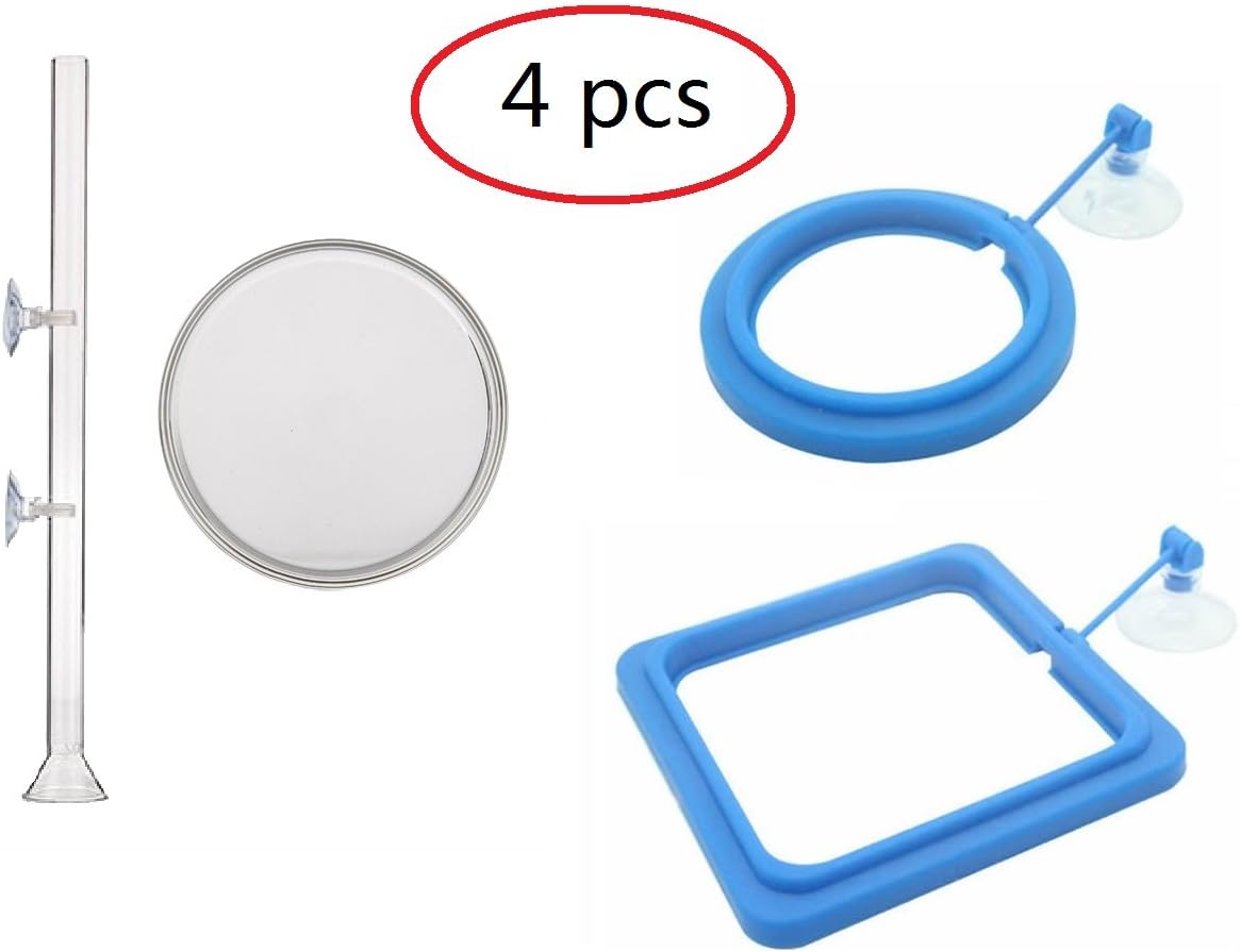 Alwaysuc Aquarium Clear Glass Shrimp Feeding Tube Food Dish Feeder Bowl Pipe Holder Set + 2-Pcs Plastic Ring Station Aquarium Fish Safe Food Feeder Blue