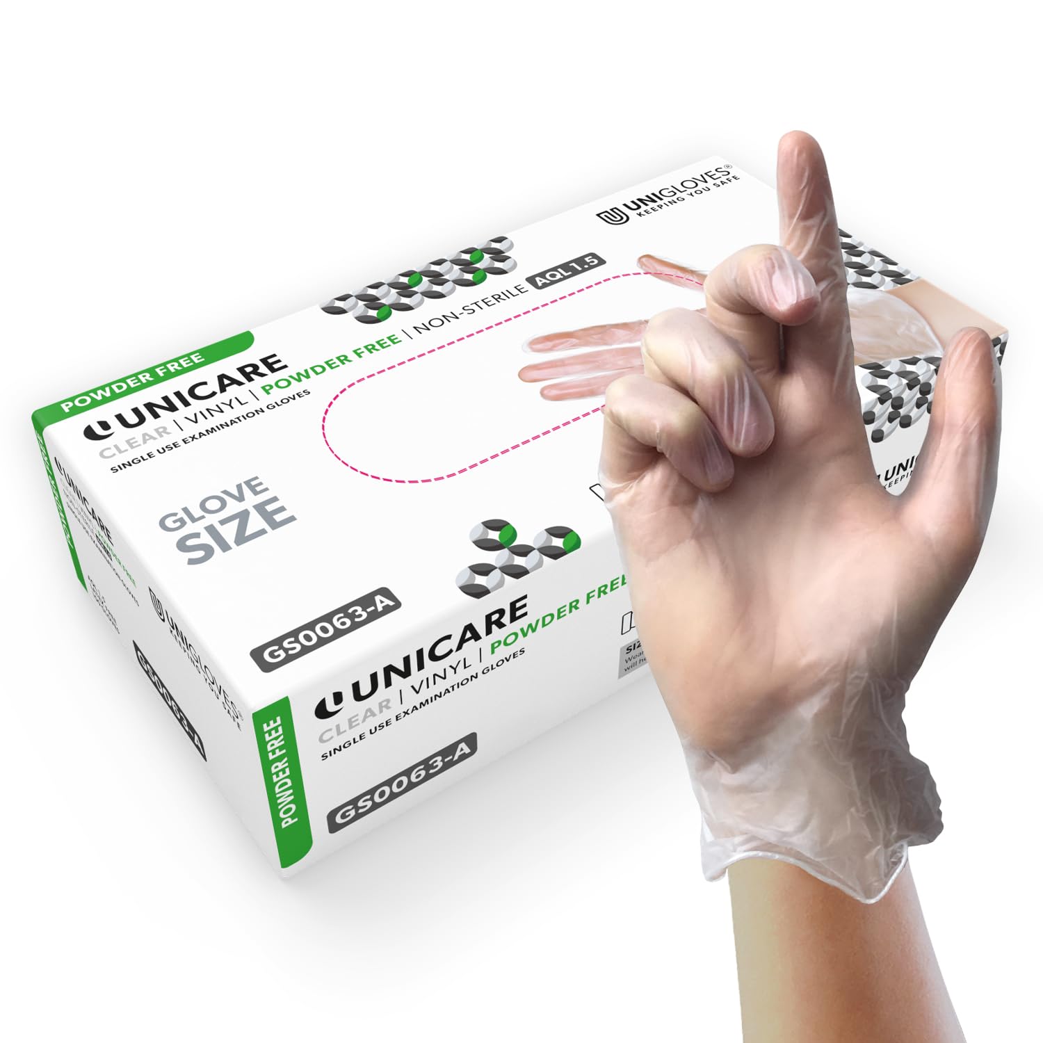 Unigloves Unicare Clear Vinyl GS0064-A Examination - Multipurpose, Powder Free and Latex Free Disposable Gloves, Box of 100 Gloves, Clear, Large