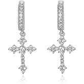 TKMIRA 14K Gold Plated Dangle Drop Cross Hoop Earrings for Women Trendy Small White Gold Huggie Earrings Cubic Zirconia Hypoallergenic Black Cross Earrings for Men