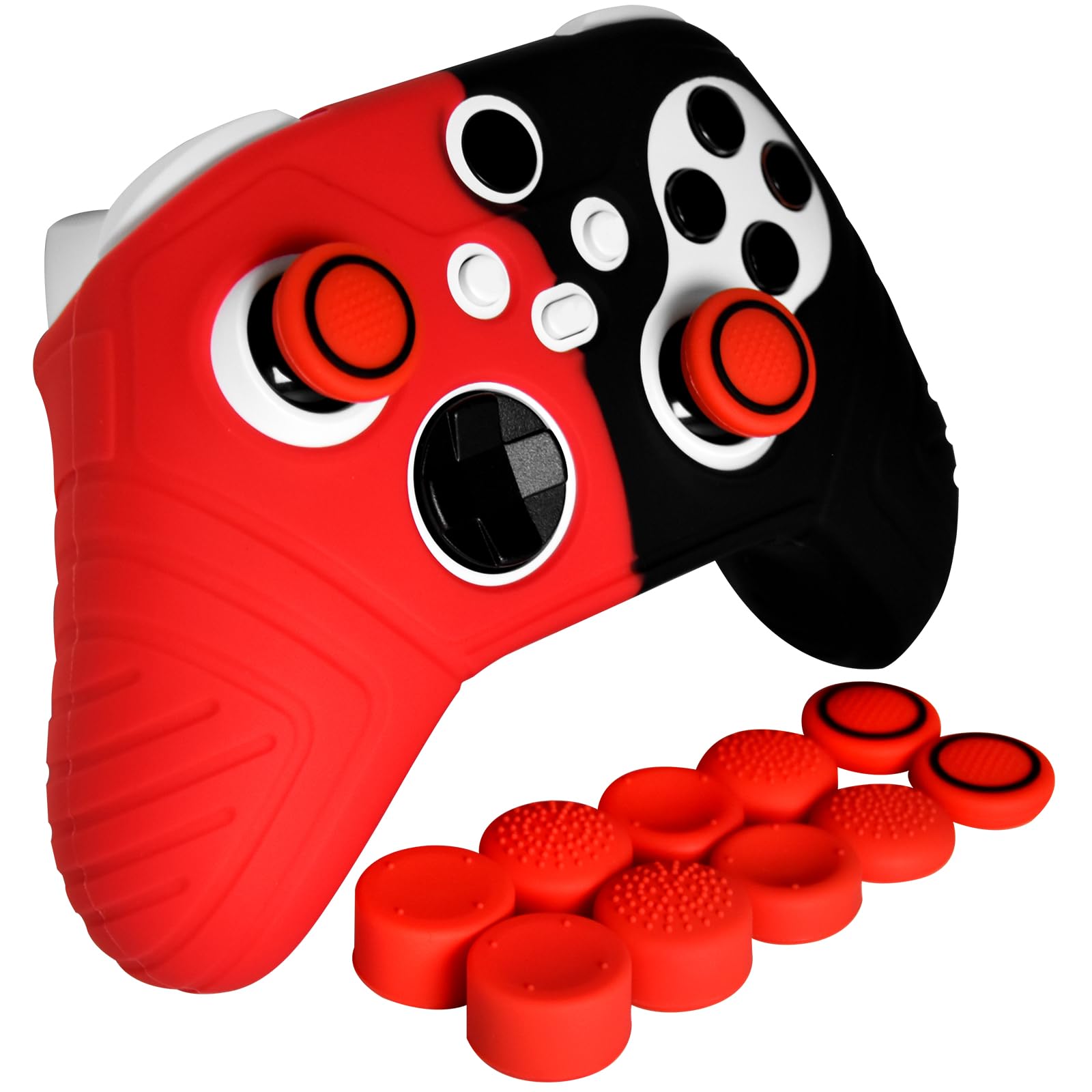 HLRAO Black&Red Anti-Slip Protective Silicone Cover Skin Grips Compatible with Xbox Series S/X Controller,8 PCS Red Thumb Grips Caps and 2 Grips Caps.