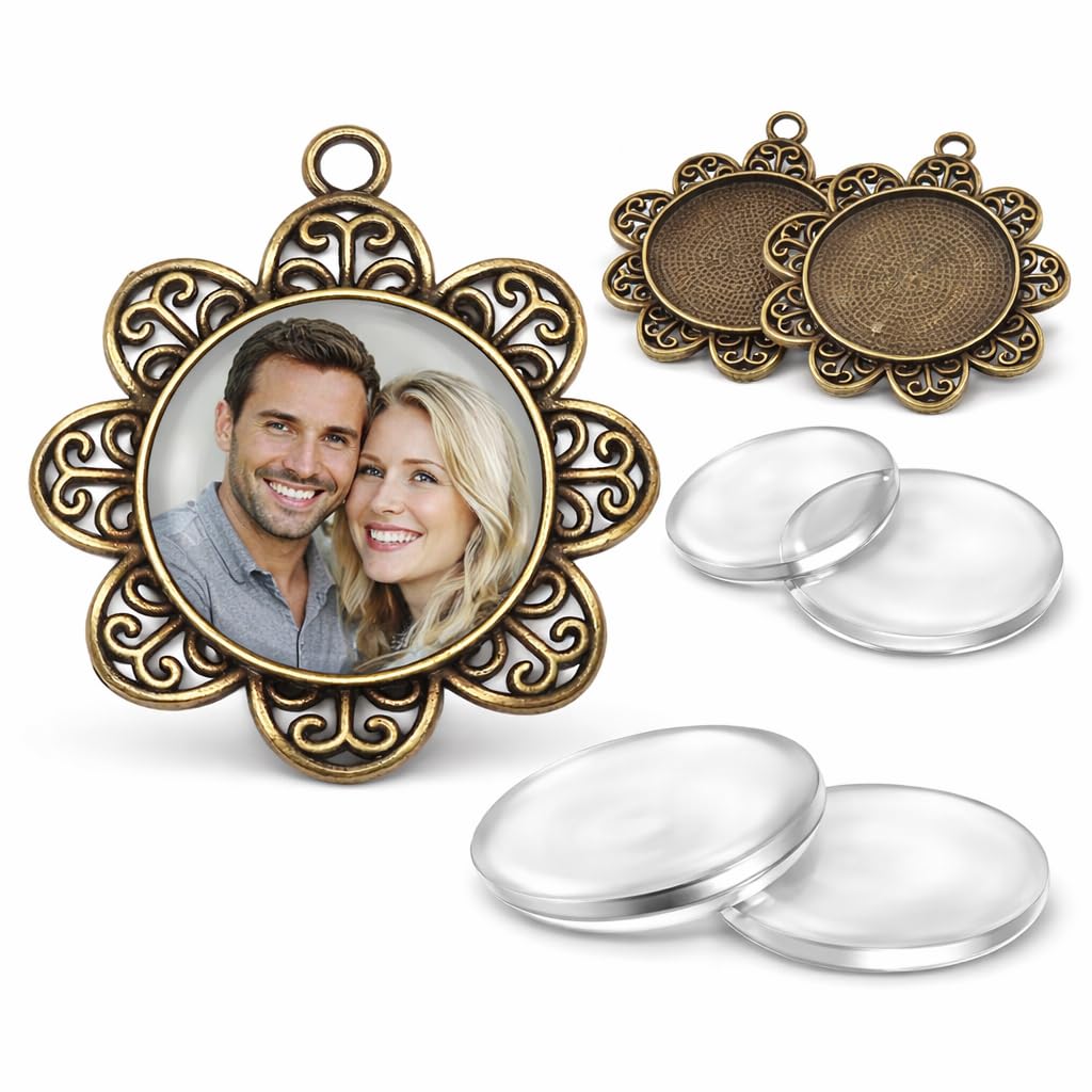 Perlin 8pcs 4pcs Charm Empty Bezel Tray Lockets Metal Pendant Setting, Brass Glass, Clear Round Cabochon Craft Set, Unisex