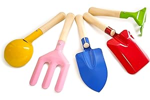 KY-Tech Kids Gardening Tool Set 5 Piece 8" Kids Garden Tools Made of Metal with Sturdy Wooden Handle Gardening Spoon, Fork, T