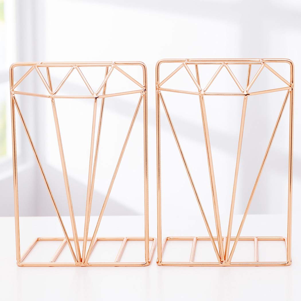 SIPLIV 3D Creative Minimalist Style Bookends Metal Adjustable Books Holder Stand Book Rack Desk Bookend - Diamond, Rose Gold