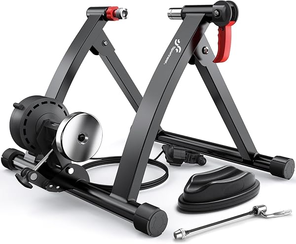 SPORTNEER BIKE TRAINER – MAGNETIC STATIONARY BIKE STAND FOR 26-28″ & 700C WHEELS – ADJUSTABLE 6 LEVEL RESISTANCE BIKE TRAINER STAND FOR INDOOR RIDING WITH QUICK RELEASE LEVER & FRONT WHEEL RISER BLOCK