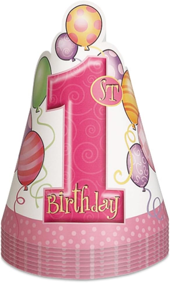 Unique Party 23891 - Pink Balloons 1st Birthday Party Hats, Pack of 8, One Size (Pack of 8)