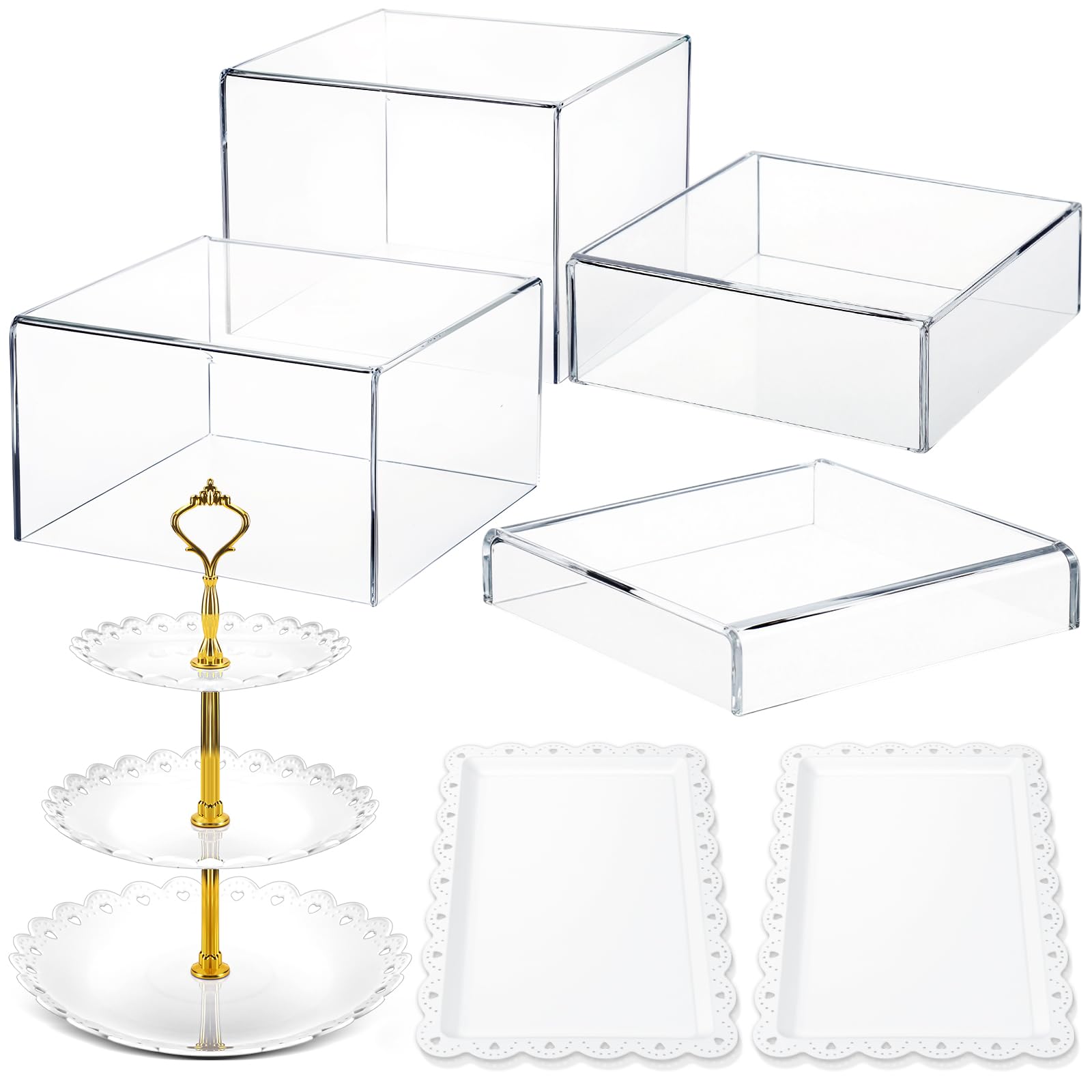 Photo 1 of ****CRACKS ON ONE OF THE PLATES***Baderke 4 Pcs Buffet Risers with Cupcake Stand Holder Serving Tray, Food Risers for Buffet Table, Display Stand Catering Dessert Collectibles, Acrylic Cube Boxes Nesting for Party (Transparent)