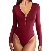 Avidlove Long Sleeve Bodysuits for Women Sexy Cutout Plunge Deep V Neck Thong Bodysuit Double Line Going Out Tops O-Ring