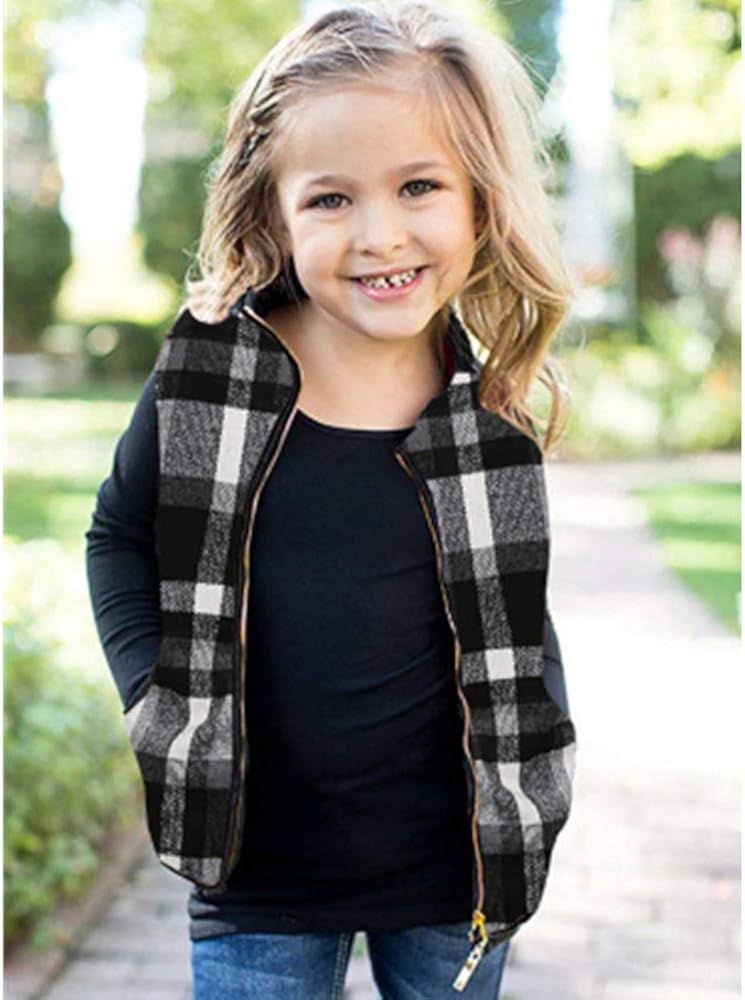 Girls Buffalo Cotton Plaid Winter Quilted Vest Zip Up Cute Fall Puff Lined Gilet 3-8 Years