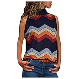 Women Vintage Wave Print Turtle Neck Sleeveless