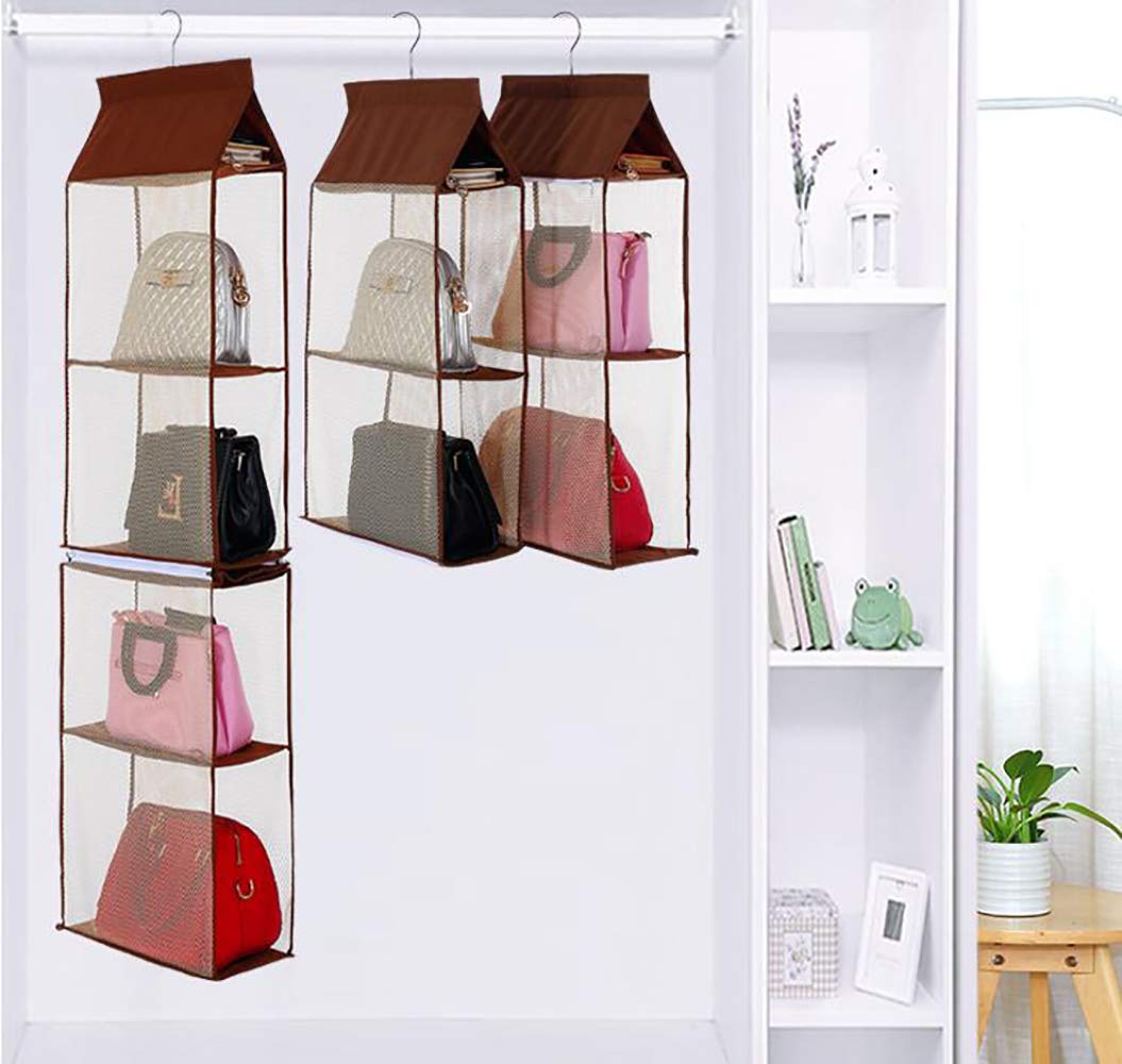 ixaer Detachable Hanging Handbag Organizer Purse Bag Collection Storage Holder Wardrobe Closet Hatstand 4 Compartment (Brown)