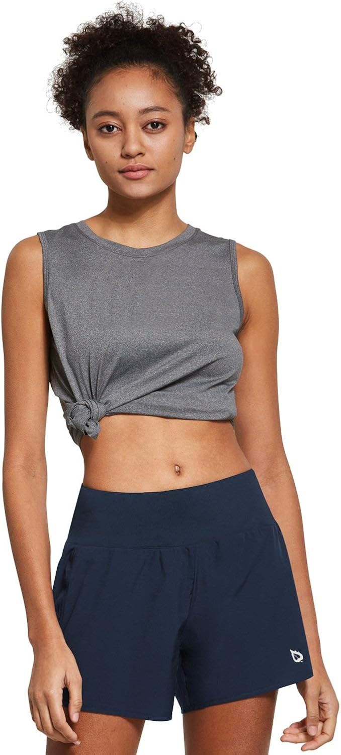 BALEAF Womens 5 Inches Knit Waistband Running Shorts with Liner Dry Fit Lounge Gym Walking Lined Shorts Back Zipper Pocket: Clothing