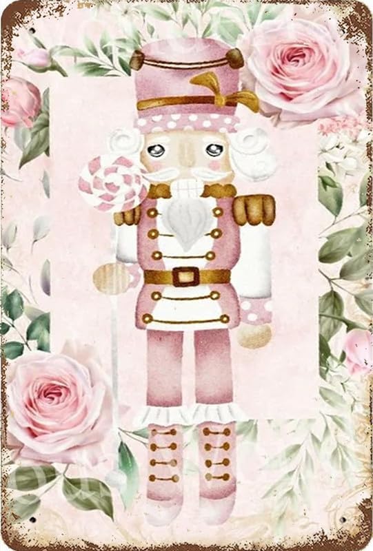 Nutcrackers - Christmas Wall Art Sign,Pink Christmas Nutcracker Sign,Shabby Chic Hang Sign,Pink Nutcracker Tin Sign For Holiday Party Decor Christmas Decorations Aesthetic Room Decoration 8x12 Inch