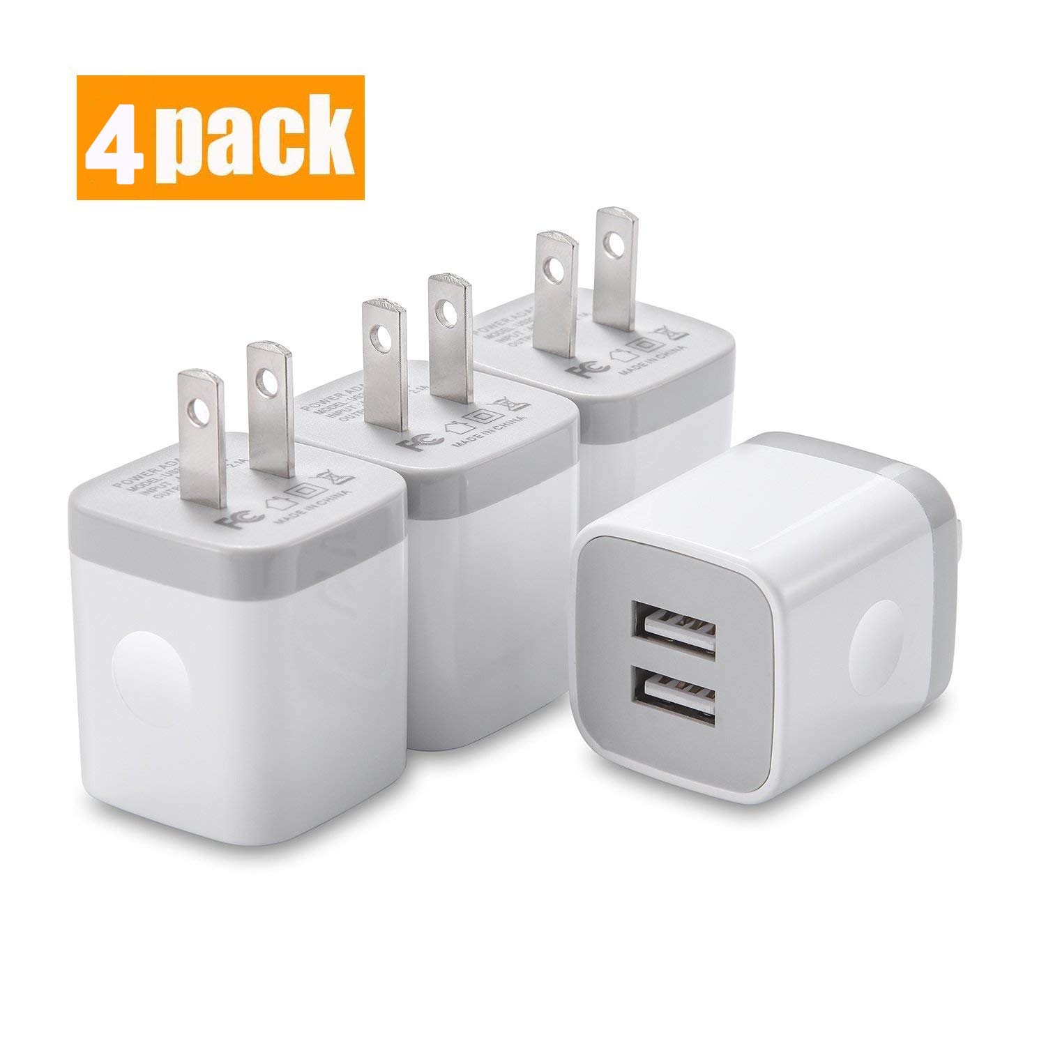 USINFLY USB Wall Charger, UL Certified 4-Pack 2.1A/5V USB Plug Dual Port Charger Block Power Adapter Charging Cube Compatible with iPhone 8/7/6S/6S Plus, X Xs Max XR, Samsung, Android, and More(White)