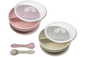 Hippypotamus Suction Bowls with Lids & Utensils - Baby & Toddler - 100% Food-Grade Silicone Divided Bowls - BPA Free - Dishwasher Safe - Set of 2 (Blush/Nude)