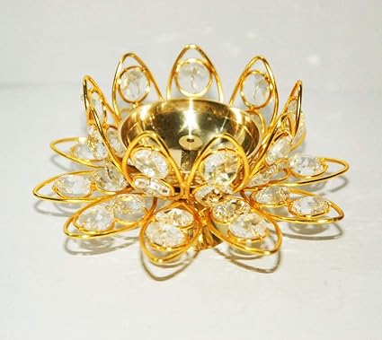 Moradabad Metal World Brass Akhand Jyot Diya with Decorative Crystals Oil Lamp Diya for Diwali, Puja and Festival Decoration(Lotus Design). (13x6) beeds 34