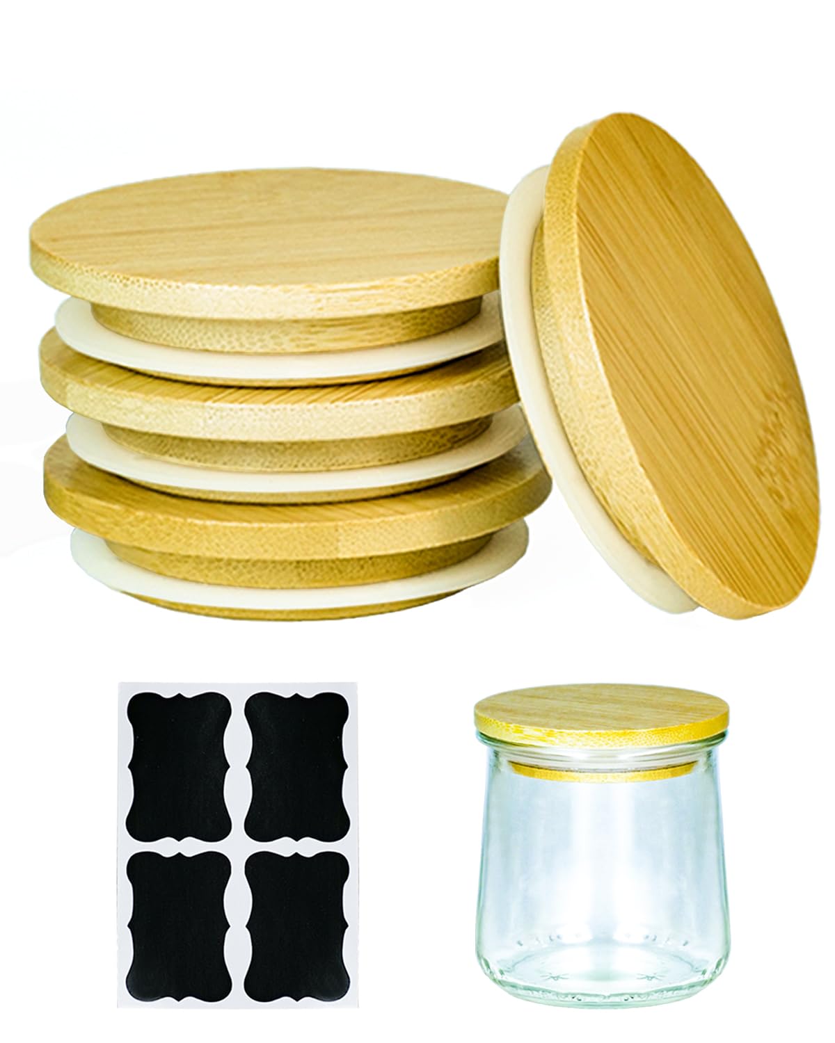 Photo 1 of TERESRY 4 Pack Oui Yogurt Jar Lids with 4 Labels, Food-Grade Bamboo Lids for 5Oz Oui Yogurt Jars, Reusable Wooden Canning Covers Perfect for Oui Yogurt Bottle with Airtight Seal Ring(Jar not Included)