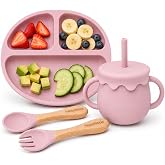 HappyNibble Baby Led Weaning Set, Silicone Feeding Plate Cup Utensils, Rose | 4-Point Suction Base, Includes Storage Lid, No BPA or Phthalates, Dishwasher Safe, Montessori Self-Feeding, 6-36 Months
