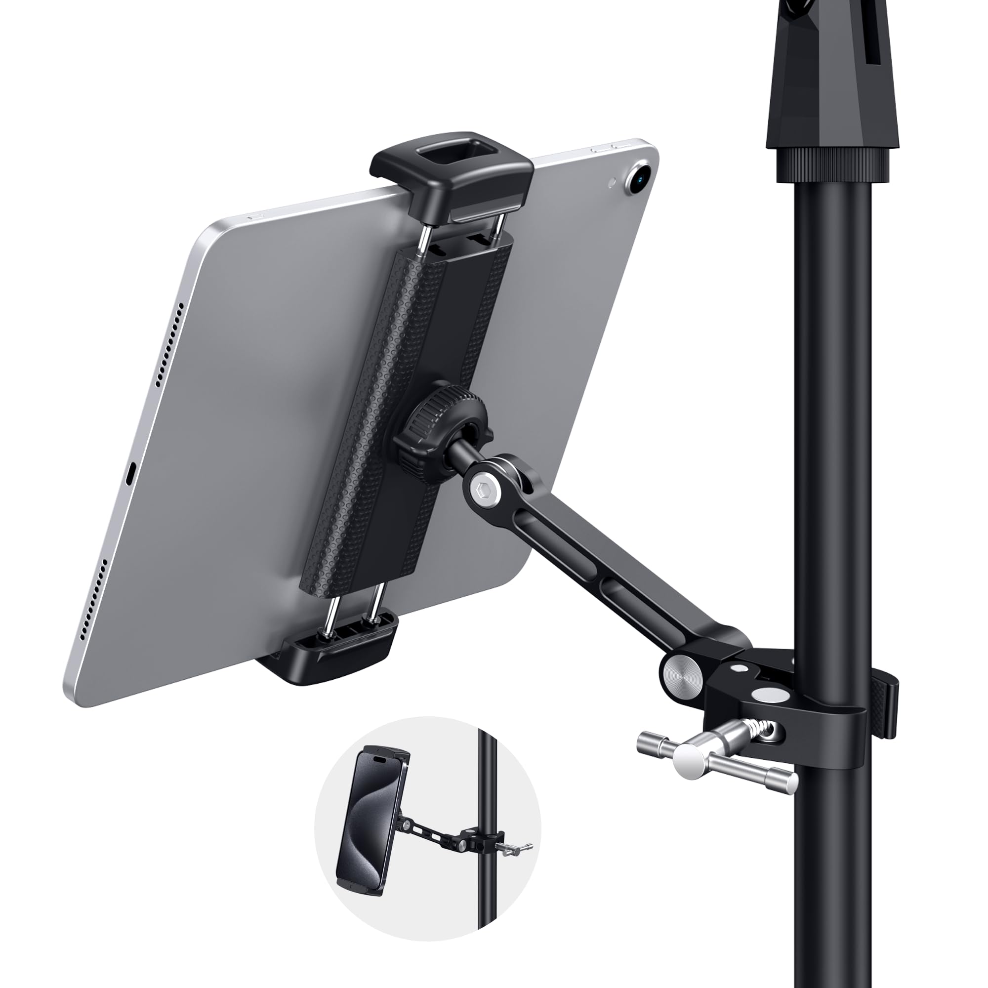 CreaDream Tablet Holder for Microphone Stand, Aluminum Mic Music Stand Holder Mount for Phone and iPad, Adjustable Tablet Holder Compatible with Devices from 4.7 to 13 inch Tablets & Smartphones