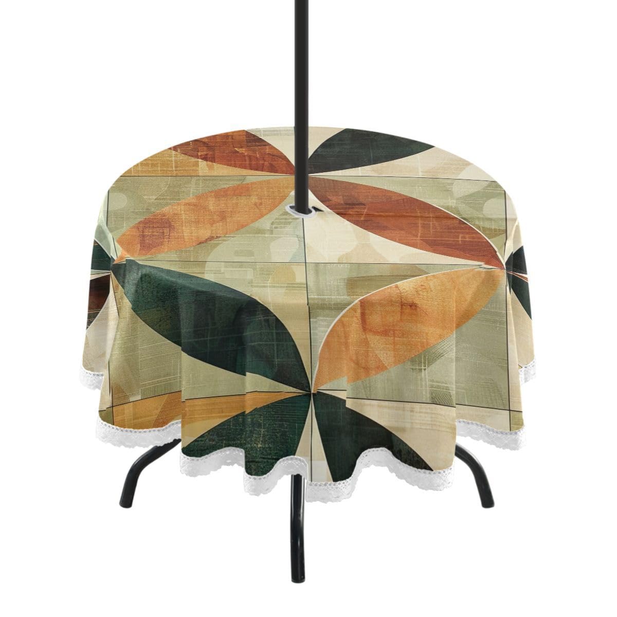 JUMBEAR Waterproof Round Tablecloth with Umbrella Hole and Zipper,Outdoor Tablecloth Table Cover for Indoor & Outdoor Patio Garden Party and BBQ- retro Ceramic Tile Style