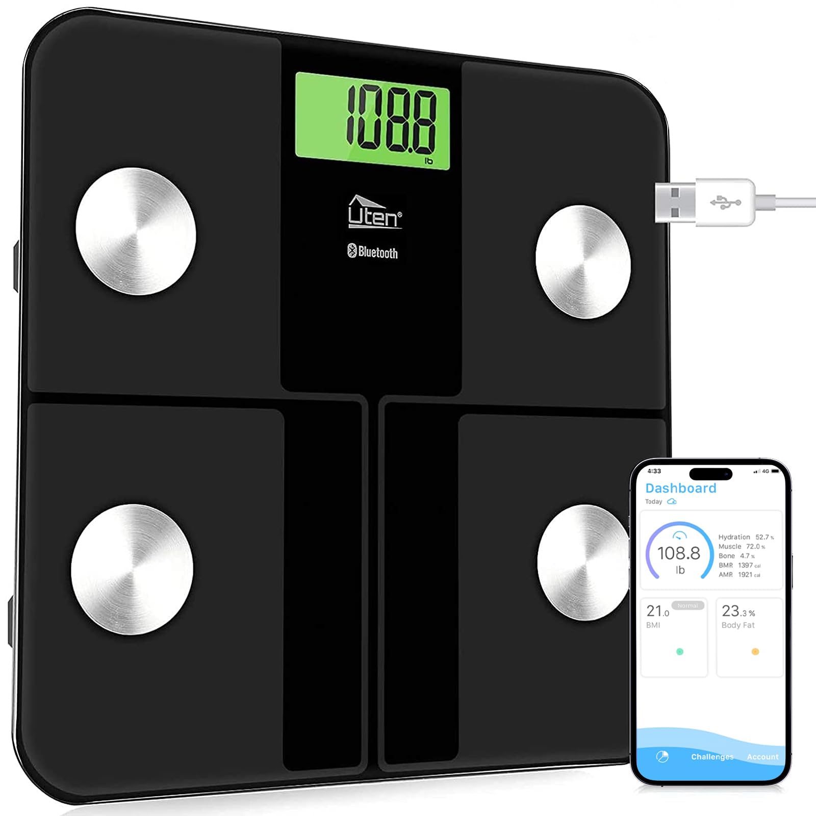 Uten USB Rechargeable Body Fat Scales, Digital Weight Bathroom Scales, Bluetooth Body Fat Scales with Body Composition Analyzer, Smart app for Body Weight, Body Fat, BMI, 28st/180kg/400lb