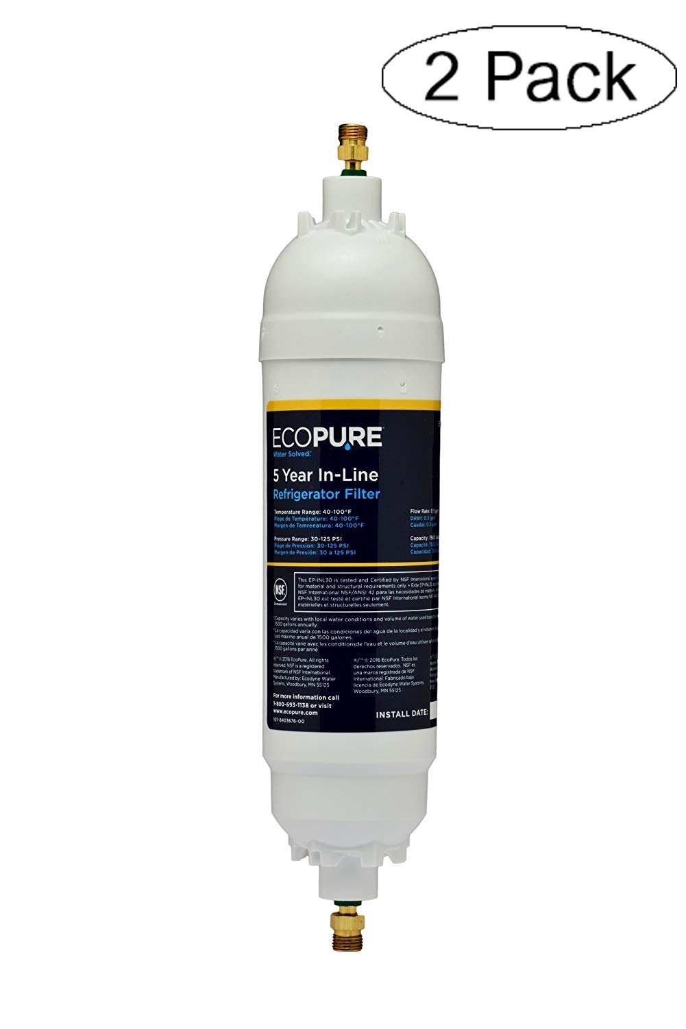 EcoPure EPINL30 5 Year in-Line Refrigerator Filter-Universal Includes Both 1/4" Compression and Push to Connect Fittings (Twо Расk)