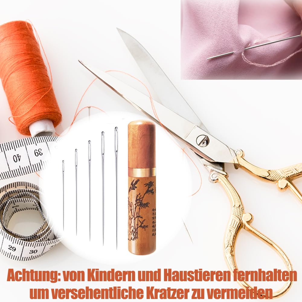 Large Eye Sewing Needles, Embroidery Needles, Stainless Steel, 25 Pieces Sharp Needles with Wooden Needle Case Carving Pattern