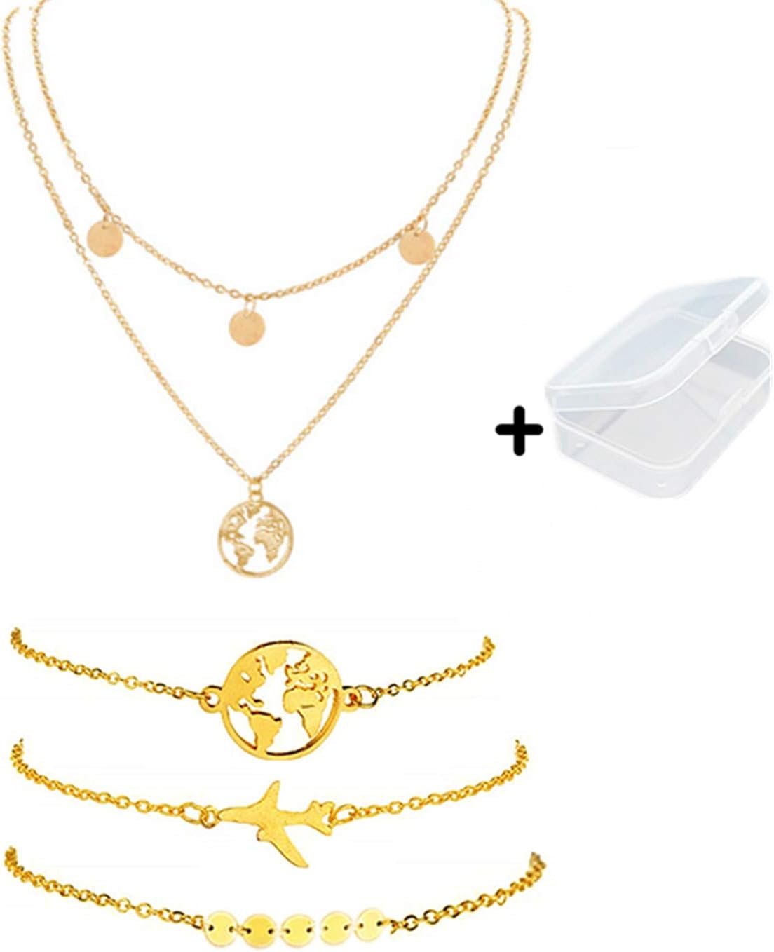 PPX Charm World Map Necklace Round World Continental Pendant Jewellery Gift Multilayer Necklace and Bracelet Set with Box