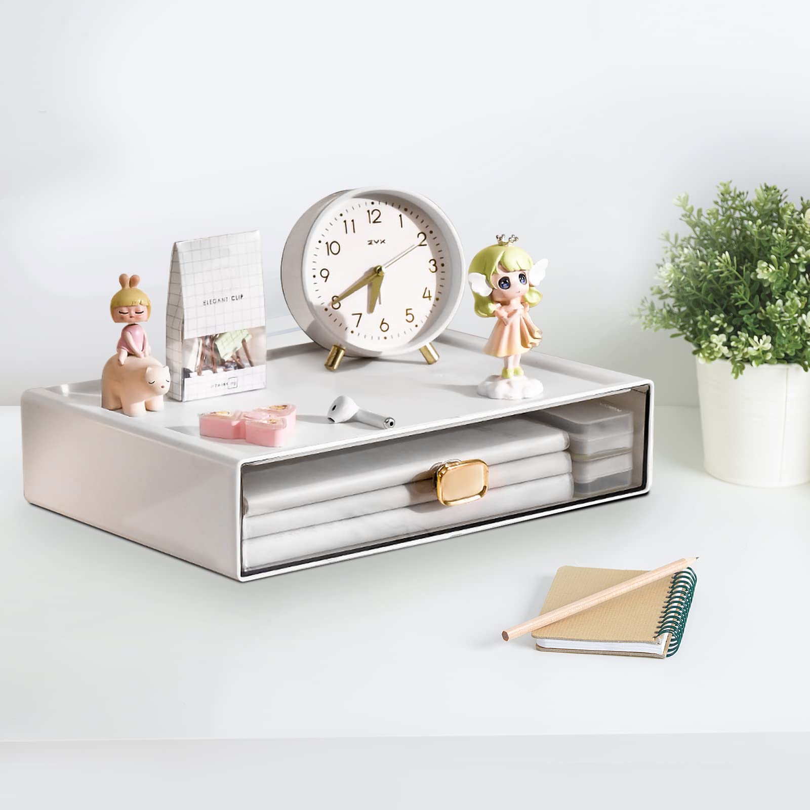 Photo 1 of DETEIN Stackable Desk Organizer with Drawer - 13" Wide Storage Drawer - Plastic Clear Desktop Organizer for Office, Classroom, Make Up (White, L-1 Drawer, 1 PACK)