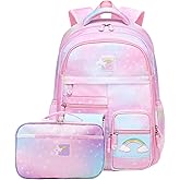 Backpacks for Girls, Kids Backpack School Bookbags with Insulated Lunch Box for School Elementary Girl, Schools Bag with Laptop Compartments Galaxy Pink