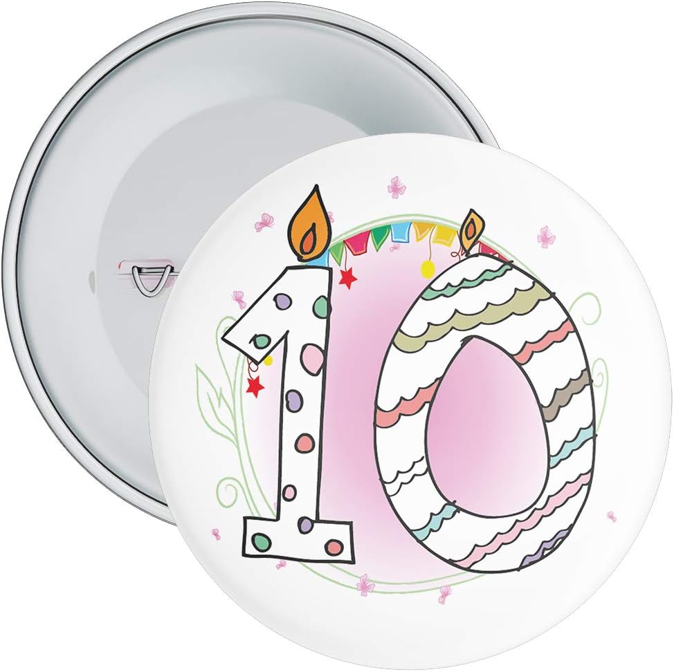 10th Birthday Badge with Candle Numbers and Pink Background available in a choice of 2 sizes (75mm)