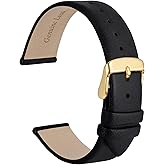 WOCCI 20mm Lug Width, Elegant Watch Band, Genuine Leather Replacement Strap with Gold Buckle (Black)