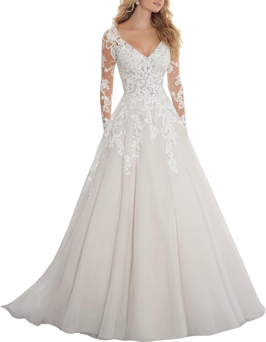 Ezotion Women's V Neck Lace A Line Wedding Dress with Long Sleeves 2017