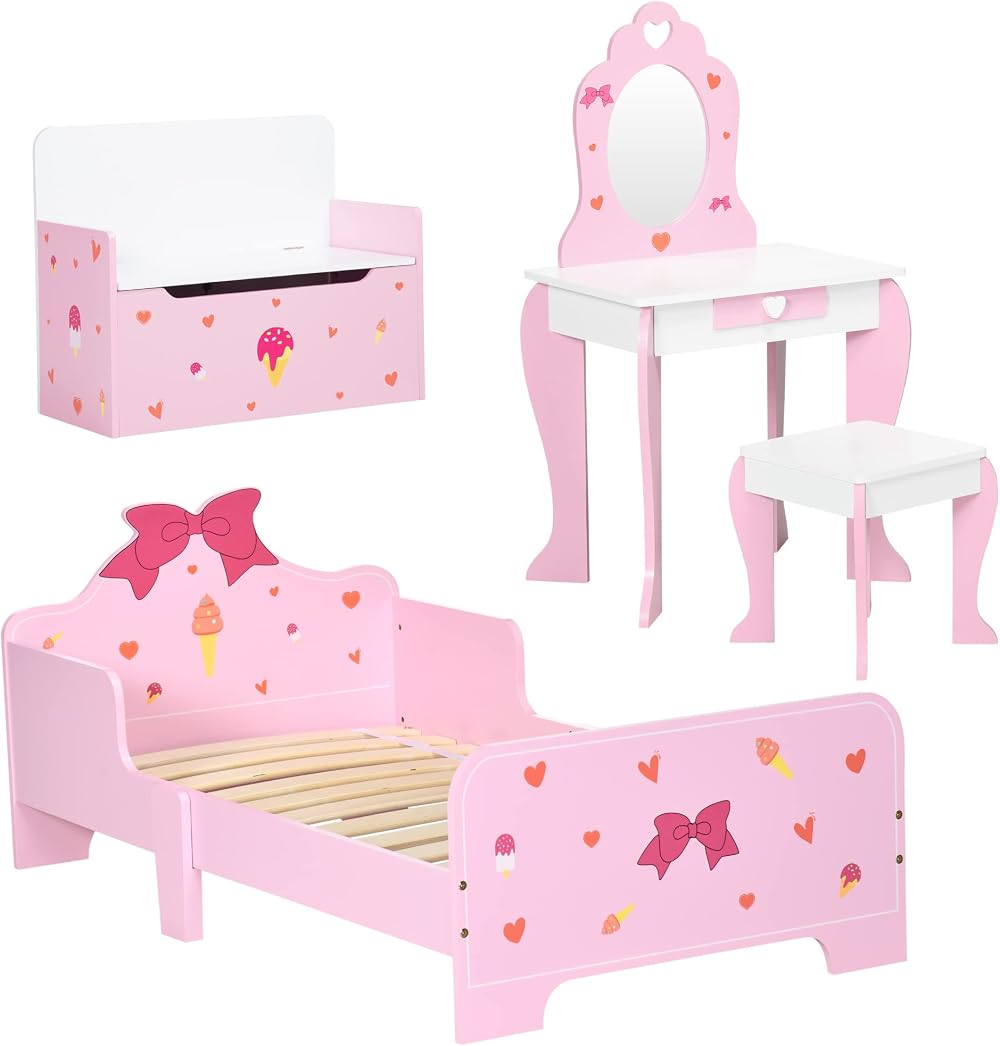 ZONEKIZ 4PC Kids Bedroom Furniture Set - Bed, Toy Box, Dressing Table, Pink