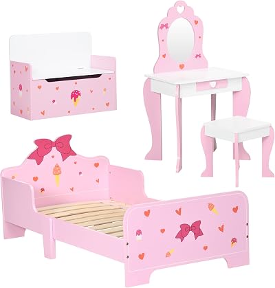 ZONEKIZ 4PC Kids Bedroom Furniture Set - Bed, Toy Box, Dressing Table, Pink