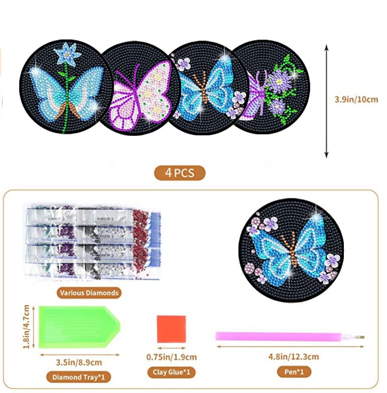 4 Stück Diamant-Gemälde-Untersetzer, DIY-Untersetzer, kleines Diamant-Malerei-Set für Anfänger, Erwachsene und Kinder, Diamant-Kunsthandwerk, Heimdekoration (ohne Eisenhalter)