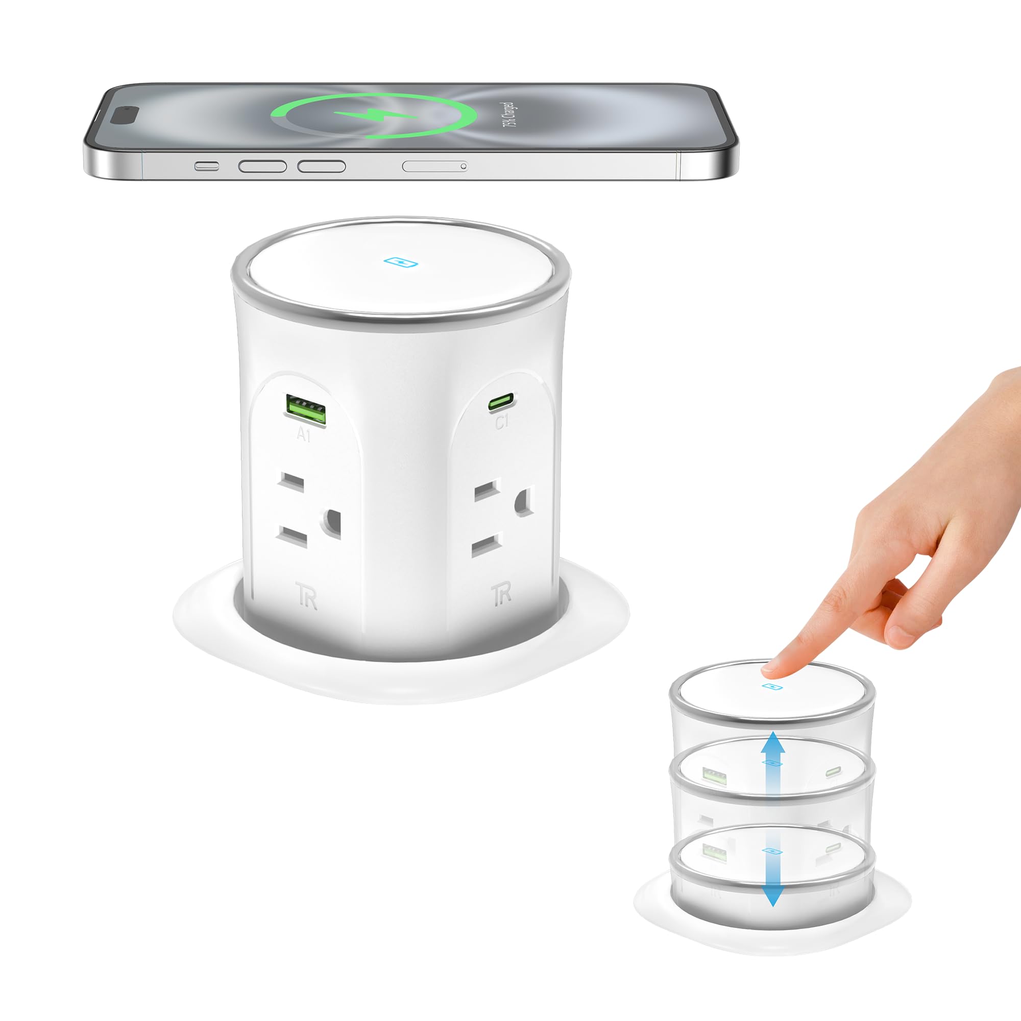 Photo 1 of Motorized Pop Up Outlet,2 PD 45W USB C Charging Station, 3.15 in Hole Desktop Power Grommet Electrical Power Outlets Insert in 4AC 4 USB Ports 15W Wireless Charger for Kitchen Countertop