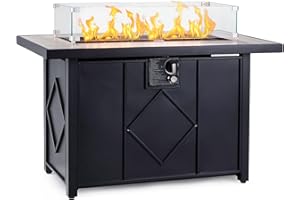 AVAWING Propane Fire Pit, 42 inch 50,000 BTU Gas Fire Pit Table with Glass Wind Guard, Table Lid, Fire Glass, Waterproof Cover, Outdoor Gas Fire Pit for Garden, Patio, Backyard (Black)