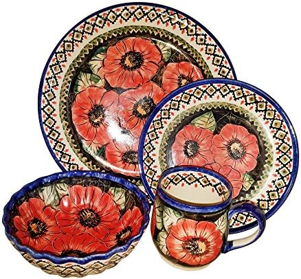 Polish Pottery UNIKAT Dinnerware 4 Pcs Place Setting "Red Garden"
