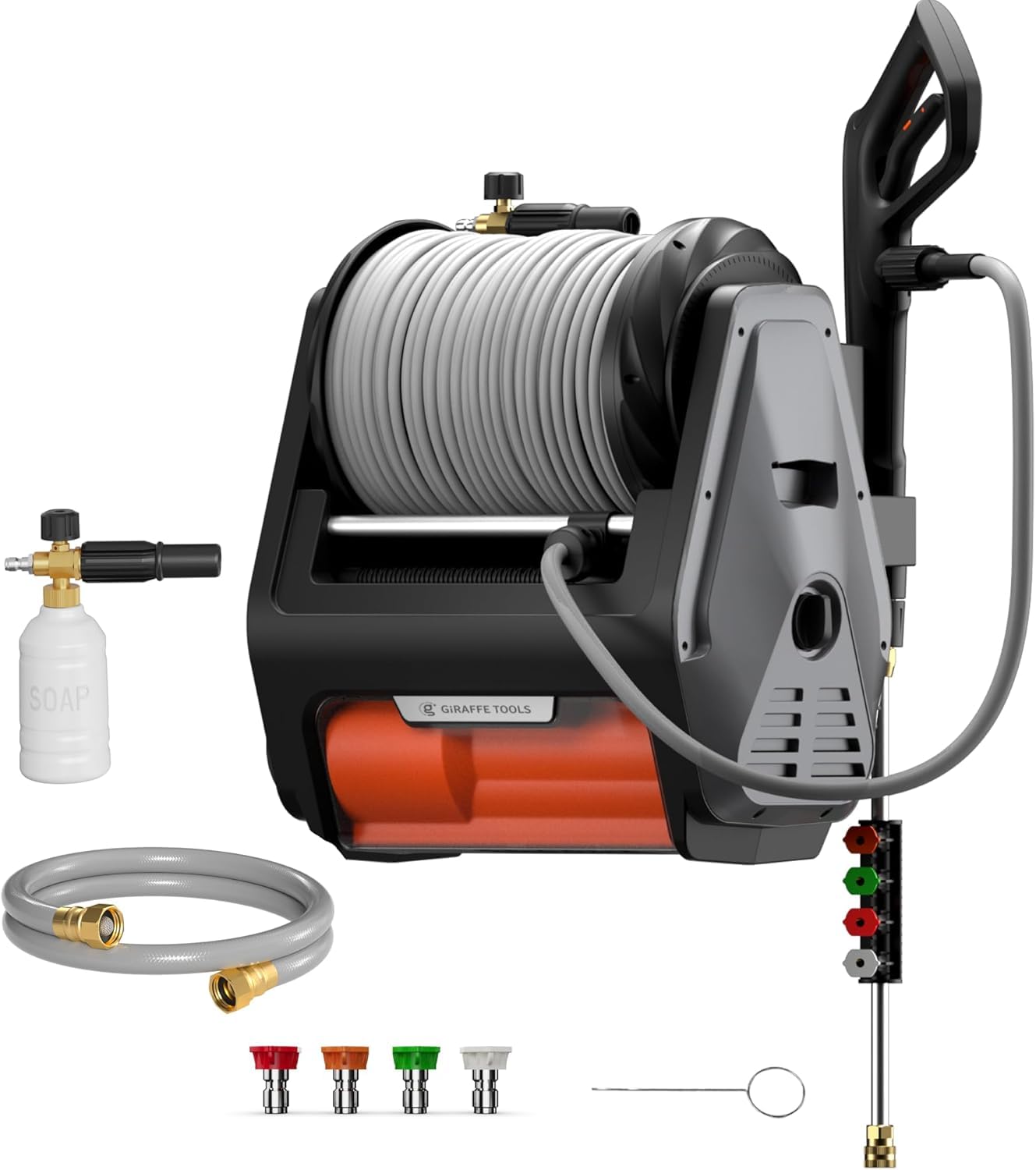 Photo 1 of Giraffe Tools Grandfalls Retractable Wall Mounted Pressure Washer Pro, 3700 PSI, 1.6 GPM Electric Power Washer, Automatic Rewind, 5ft Garden Hoses, 5 Nozzles for Cars/Fences/Patios, Dark Silver