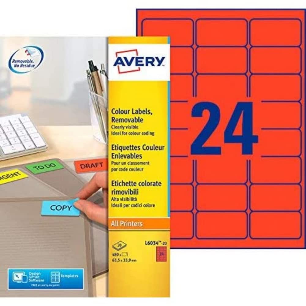 Avery L6034-20 Removable Coloured Labels (A4 Sheets of 63.5 x 33.9 mm, 24 Labels Per Sheet, 20 Sheets) - Red