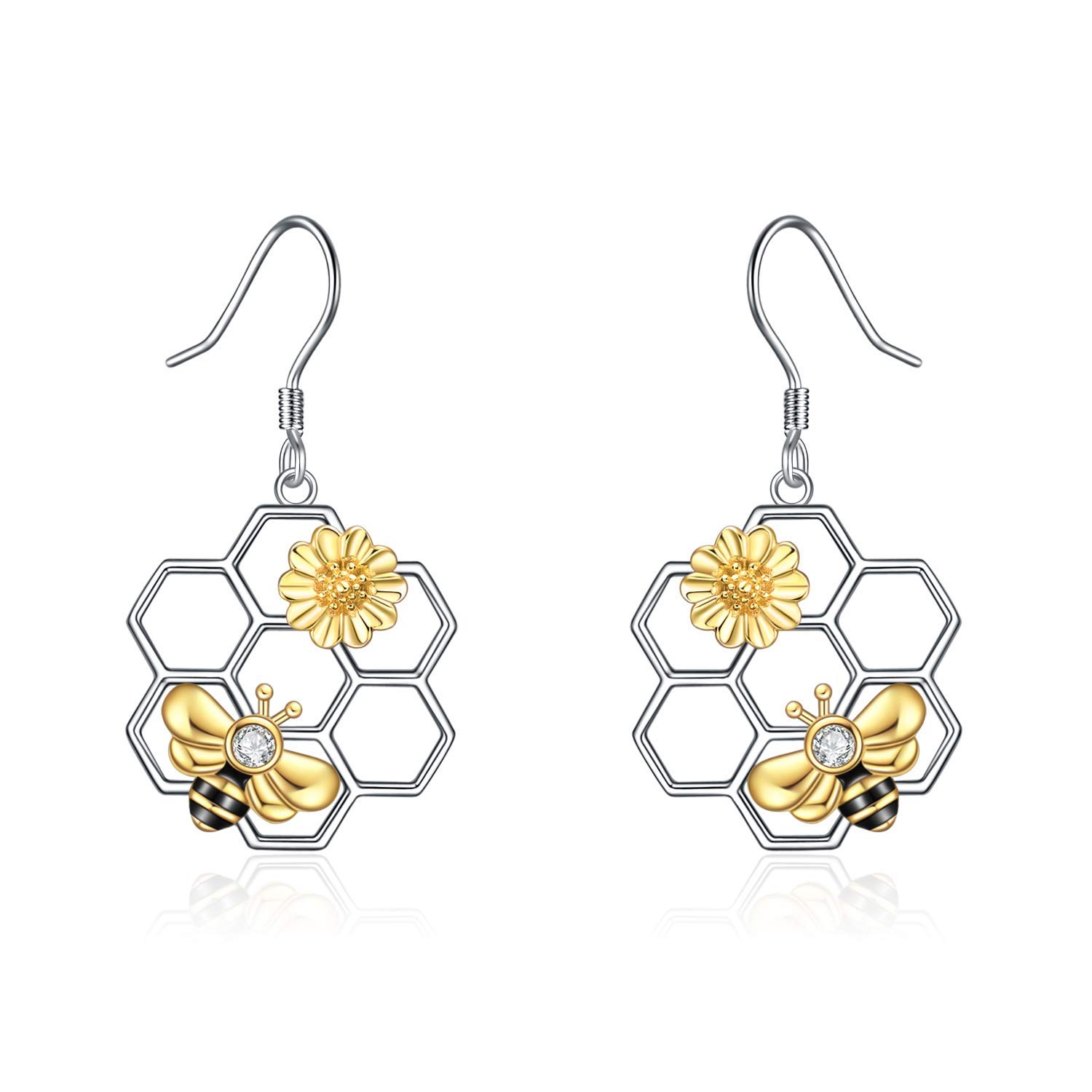 Bee Earrings Sterling Silver Honeycomb with Bee Bumble Bee Dangle Earrings Sunflower Jewellery Gifts for Women Teen Girls