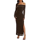 Relipop Women Off Shoulder Dress Long Sleeve Bodycon Mesh Ruched High Split Spring Formal Wedding Guest Maxi Dresses